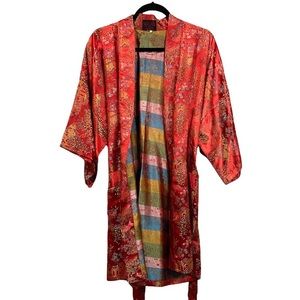 Vintage Chinese Red Satin Robe Kimono Asian Culture Scene By Skylark